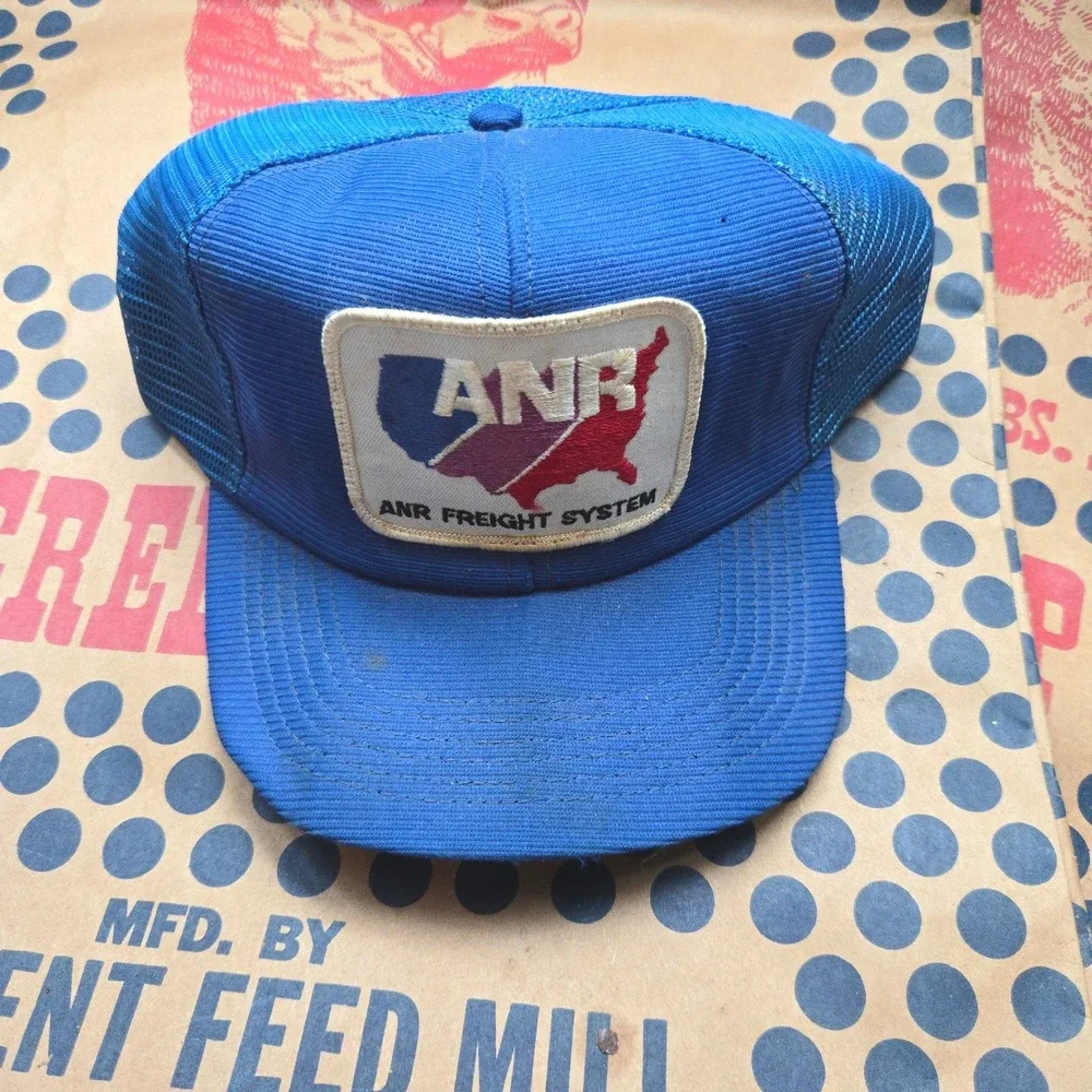 VTG ANR Freight System Trucker Hat Blue GUC OSFA Snapback Mesh Patch Cap USA Map
